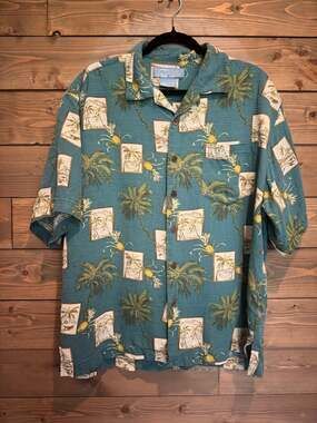 Bermuda Bay 100% Silk Palm Tree Tropical Hawaiian Shirt Size Large